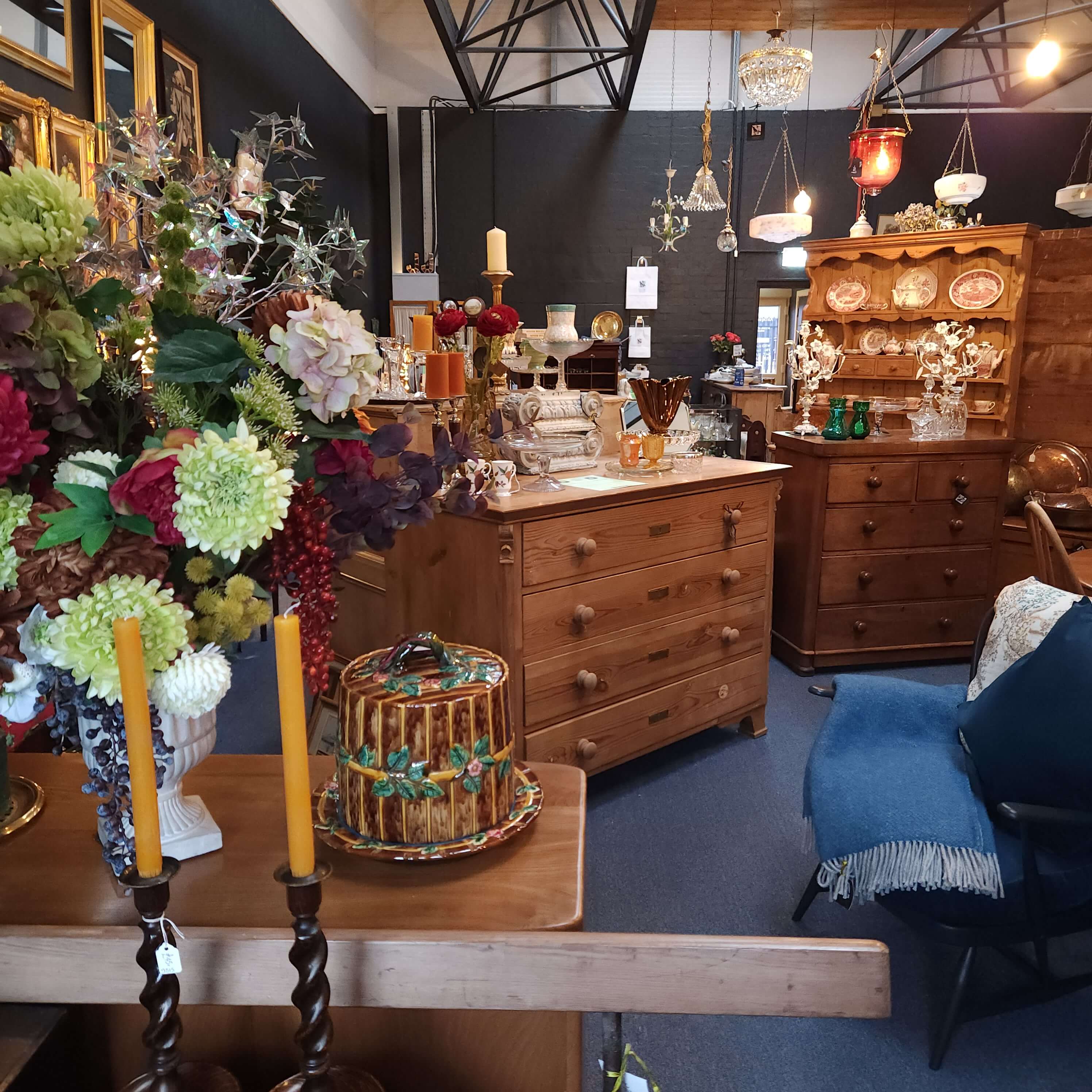 Interior
                showing pine chest of drawers